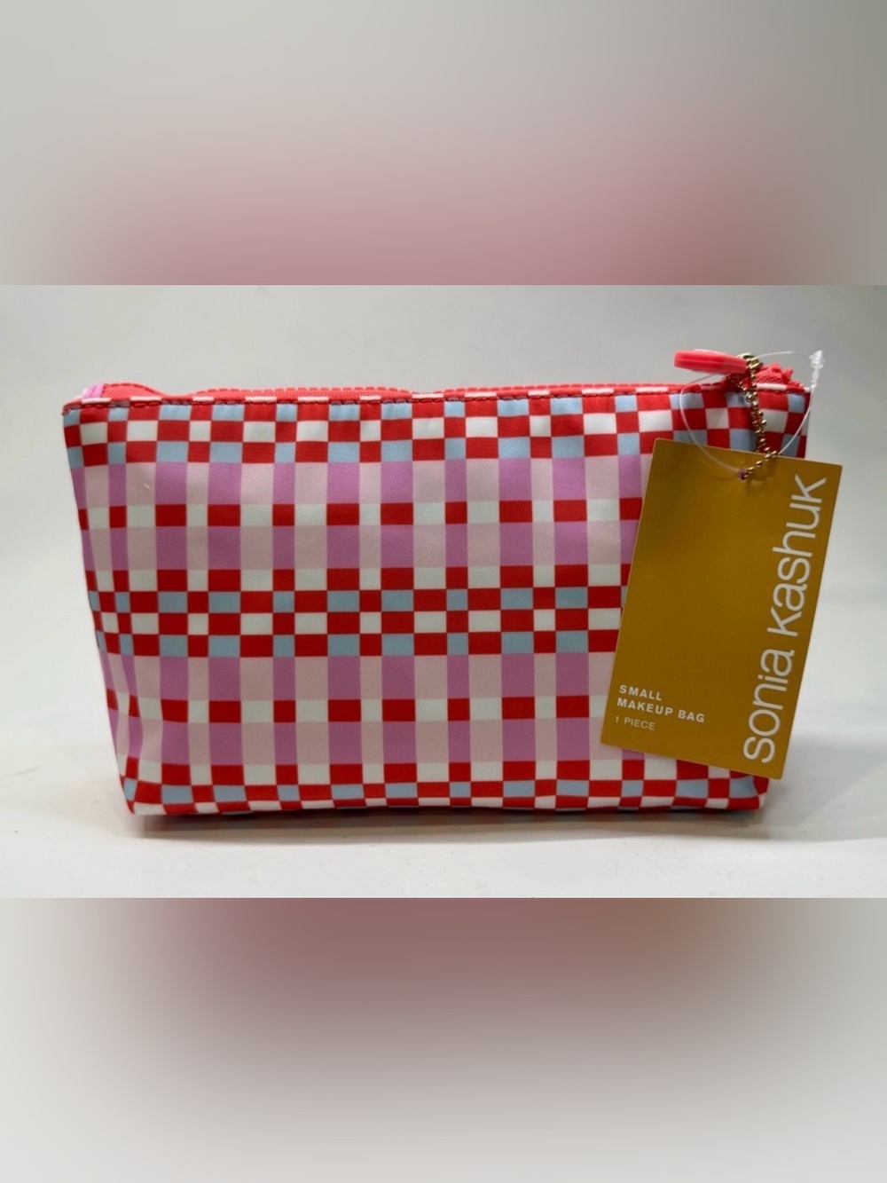 Sonia Kashuk Small Makeup Bag Red Pink Gingham Checkered NWT